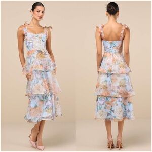 LULU’S Playfully Posh Blue Floral Organza Tie-Strap Tiered Midi Dress
